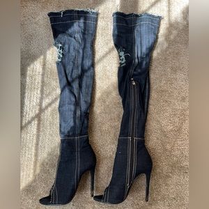 Used - Thigh High Denim Open Toe Boot